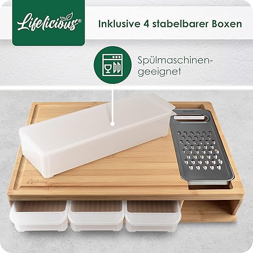 LIFELICIOUS® - Planche à découper de qualité supérieure avec bac récupérateur [avec râpe en acier inoxydable] Bols en plastique lavables au lave-vaisselle - Grande planche de cuisine - Nail Gallerys