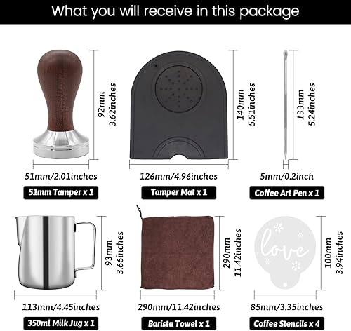 Ezebesta Ensemble de tamper à café de 51 mm pour machine portafiltre, presse à expresso en bois avec tapis de tampeur, pot à lait (350 ml), serviette de barista - Nail Gallerys