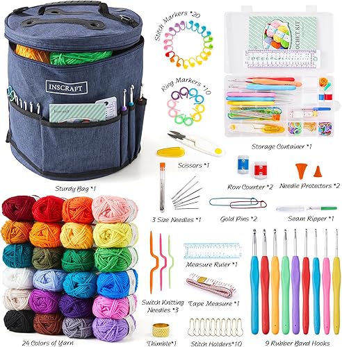 INSCRAFT Kit de crochet pour débutants, adultes et enfants – Excellent kit de démarrage pour l'artisanat coloré pour les professionnels, réalisez des projets Amigurumi comprend 24 couleurs de fil, - Nail Gallerys