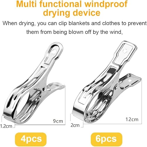 SGERUFZ 10 pièces Pinces à Linge Acier Inoxydable, Grandes Clip de Brise-Vent, Durable pour Serviette de Plage et de Toilettes/Draps de Bain/Nappes et Vêtements, pince metallique solide (deux tailles) - Nail Gallerys