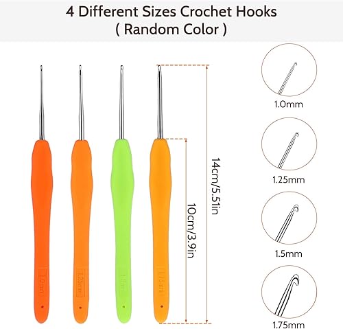 MOZEAT LENS Lot de 4 aiguilles à crochet colorées avec poignée ergonomique douce de 1,0 mm à 1,75 mm pour débutants (couleur aléatoire) - Nail Gallerys
