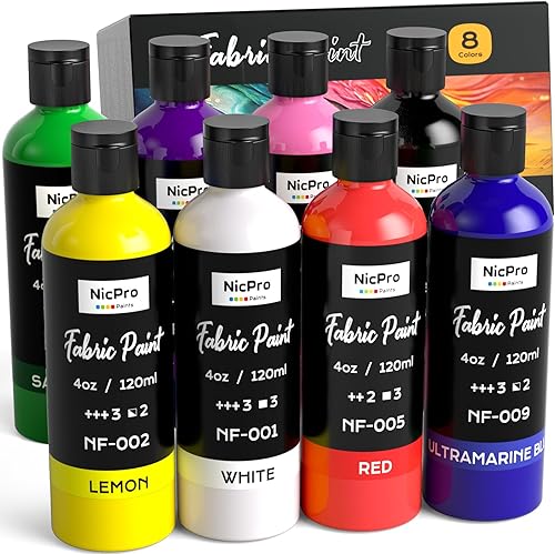 Nicpro Peinture permanente pour tissu - 8 couleurs (120 ml) - Peinture textile douce pour vêtements - Peinture textile non toxique pour loisirs créatifs sur tissu, t-shirts, chaussures, jeans, sacs - Nail Gallerys