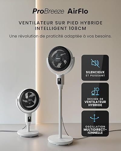 Pro Breeze Ventilateur sur Pied Hybride 109 cm Silencieux 29 dB avec Télécommande, Oscillation 135°/100°, 9 Vitesses, Écran LED, Minuterie 9h – Éco-énergétique, Idéal Pour Chambre, Salon, Bureau - Nail Gallerys