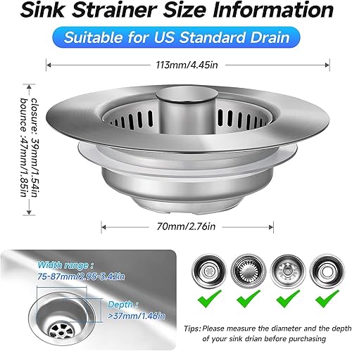 Bouchon Evier Cuisine, Passoire 3 en 1 pour évier De Cuisine Et Bouchon De Lavabo,en Acier Inoxydable 304,Trou De 75 à 86 mm, Profondeur  40 mm,Crépine D'évier De Cuisine Amovible - Nail Gallerys