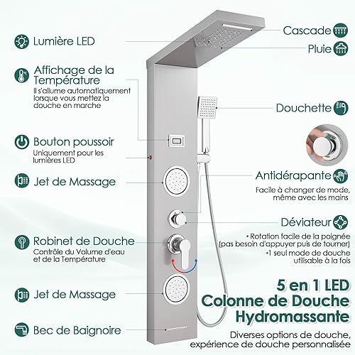 ROVOGO LED Colonne Panneau de Douche Hydromassante sans Robinetterie, 4 Modes - Douche de Pluie, 6 x Jets de Massage, Douchette à Main et Bec de Baignoire Cascade, Brossée Acier Inox, Montage Mural - Nail Gallerys