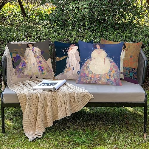 Retro Outdoor Cushions Waterproof Woman Garden Spring Large Cushion Covers Set of 4, Decorative Pillows for Bed Sofa Waterproof Linen Throw Pillow 14x14in Scatter Pillows, With Invisible Zipper f-416 - Nail Gallerys
