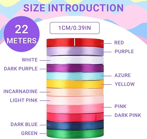 12 Couleurs Ruban Satin - Ruban Cadeau, 22m × 1cm, en Polyester, Idéal pour DIY, Emballage Cadeaux, Décoration de Fêtes et Anniversaires - Nail Gallerys