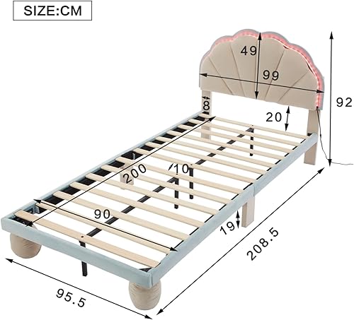 KOMHTOM Lit Une Personne 90x200 avec Bande Lumineuse LED, Rembourré avec Sommier à Lattes et Pieds Arrondis (Rose+Crème, Matelas Non Inclus) - Nail Gallerys