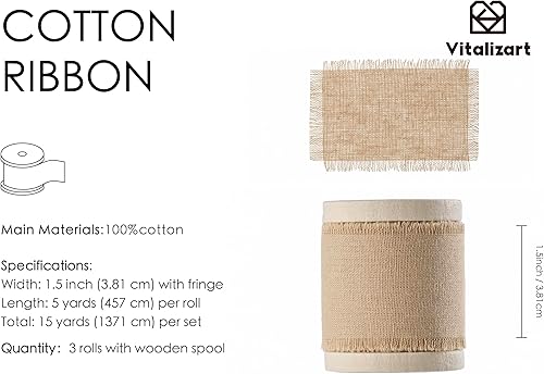 Vitalizart Ruban de Coton 3,8 cm x 13,7 m Kaki, Rubans à Franges Faits à la Main pour l'Emballage de Cadeaux, les Invitations de Mariage, les Bouquets, les Décorations de Noël - Nail Gallerys
