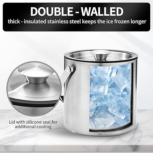 2L Seau a Glacon, Seau à Glace en Acier Inoxydable avec pince et passoire, Parfait pour les bars à Cocktails, les Fêtes, le Champagne, pour Conserver les Glaçons - Nail Gallerys