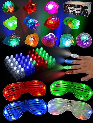 JOYIN 60 Pcs Jouets Lumineux Coloré Clignotant Jouet pour Fête Anniversaire - 44 Lumières de Doigt , 12 Clignotants Anneaux Cahoteux et 4 Lunettes LED - Nail Gallerys