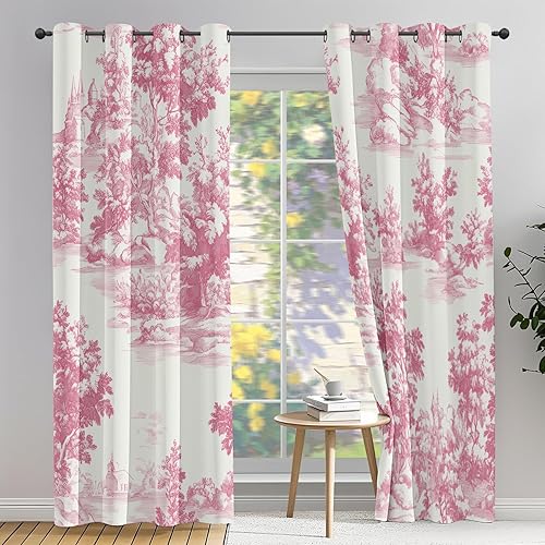 DlaQoryx Rideaux Salon Toile De Jouy Rose, Rideaux Occultant Campagne Française Vintage, 140x260 cm Rideau Thermique Isolant Anti Froid Et Chaleur, Chambre Décoration, Lot De 2 - Nail Gallerys