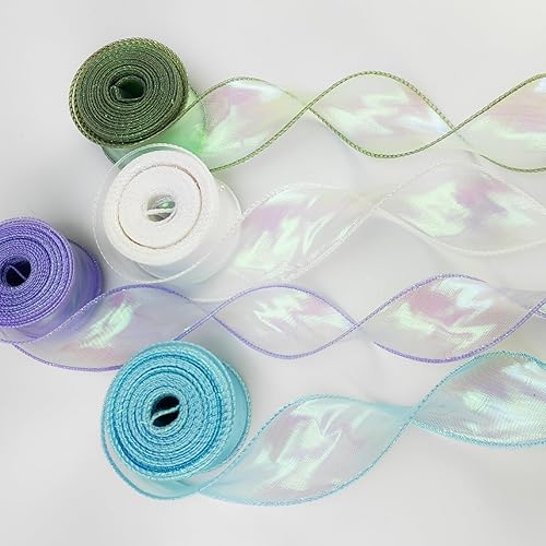 FLEXNOVA Lot de 4 rouleaux de ruban en organza scintillant - 40 mm x 9 m - Blanc bleu vert violet - Ruban cadeau large - Ruban de satin - Ruban en mousseline de soie - Ruban de mariage pour bouquet de - Nail Gallerys