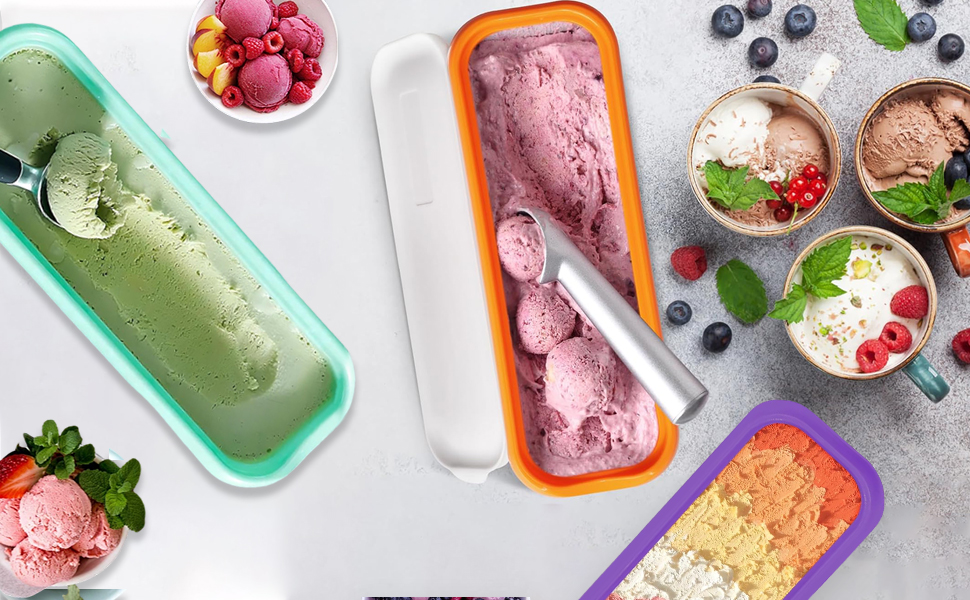 Lot de 3 bacs à glace pour crème glacée, 1,5 l, réutilisables