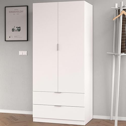 LOUNGITUDE - Armoire penderie 2 Portes + 2 Tiroirs - Blanc FOARM222O L 81,2 x H 180 x P 52 cm - Nail Gallerys
