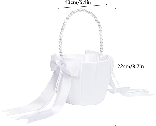 Panier pour fille avec poignées en perles, nœud en satin, panier à fleurs blanc pour fille de fleurs - Nail Gallerys