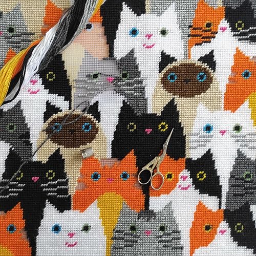 Brvsk Ferine Kit de point de croix estampé pour adultes et débutants – Chœur de chats de 40,6 x 40,6 cm avec motif imprimé clair et précis sur toile en coton, comprend 2 aiguilles, fil et tableau - Nail Gallerys