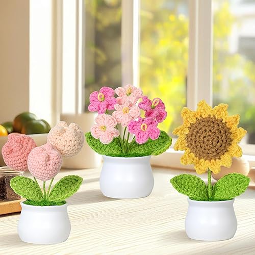Weldomcor Lot de 3 bouquets de fleurs en pot tricotées à la main - Tulipes artificielles - Kit de tournesol pour maison, bureau, voiture, table, cadeau de soutien émotionnel - Nail Gallerys