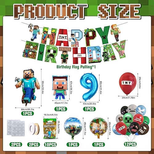Fizdoqg Miner Gamer - Décoration d'anniversaire pour garçon de 9 ans - Avec bannière de ballons en aluminium et sacs cadeaux pour anniversaire d'enfant - Nail Gallerys