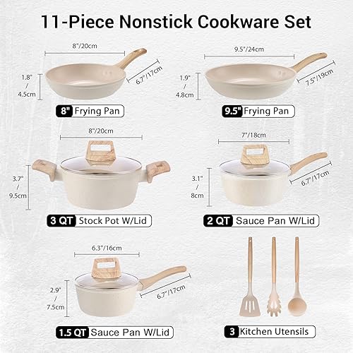 M MELENTA Batterie de cuisine induction 11 pièces, 3 Casseroles 16/18/20cm + 2 Poeles 20/24cm, Set de casseroles et poeles anti adhesive avec spatule et cuillère, Gris - Nail Gallerys