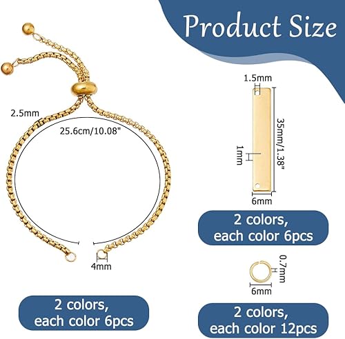 Hobbspring Lot de 12 bracelets à graver de 2 couleurs, avec 12 connecteurs rectangulaires en acier inoxydable, 12 bracelets coulissants et anneaux ouverts pour la fabrication de bracelets au laser - Nail Gallerys