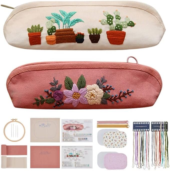 WEBEEDY 2 Ensemble de Broderie DIY Trousse en Toile avec Fermeture Éclair Faite à la Main Pochette à Crayons en Toile Brodée DIY Kit de Démarrage de Pochette Brodée avec Complete les Outils - Nail Gallerys