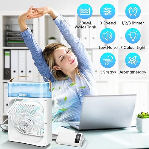 Anluomania Climatiseur Portable, Climatiseur Mobile Silencieux 4 en 1, Refroidisseur d'air 500 ml, Ventilateur, Humidificateur, 3 Vitesses|Brumisation|7 LED Colorées|Minuterie,Pour bureau/Maison - Nail Gallerys