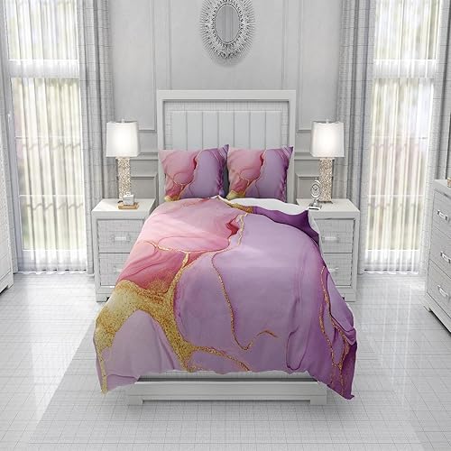 Housse de Couette pour Ado Adulte 140x200cm Art Fluide Doré Parure de Lit 3 Pièces avec 2 Taie d'oreiller 65X65cm, Rose Parure De Lit 2 Personnes en Microfibre avec Fermeture Éclair - Nail Gallerys