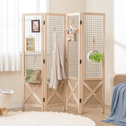 COSTWAY Paravent Interieur 4 Panneaux 151 x 144 cm, Separateur de Pieces Pliable, Bois en Paulownia, Grille, Closion de Separation Interieur, Pieds Antidérapants, pour Chambre Bureau Salon, Naturel - Nail Gallerys