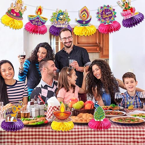 Diwali, 9 décorations de table en papier 3D, décorations festives double face, lumières en nid d'abeille pour fêtes de Diwali - Nail Gallerys