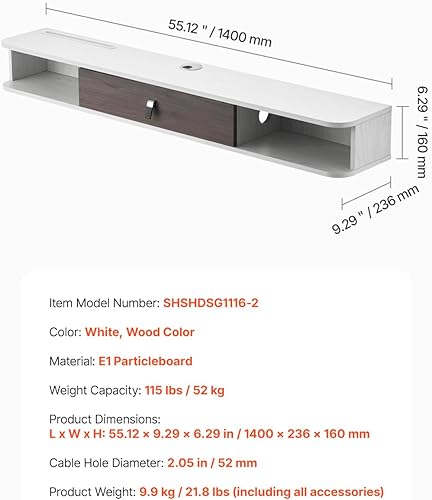 VEVOR Meuble TV flottant, 140 cm, console multimédia murale avec passe-câbles, étagère TV flottante moderne en panneaux de particules avec rangement, pour lecteur DVD, décodeur, console de jeux, blanc - Nail Gallerys