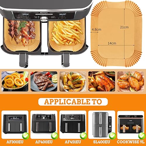 HUMTEOXI 200 Pièces Papier Cuisson Air Fryer, 21x14cm Papier Sulfurisé, Food-Grade BPA gratuit, Pour Ninja AF300EU /AF400EU /Cecotec Double Airfryer, et autres friteuse à air Dual (200PCS 21x14cm) - Nail Gallerys