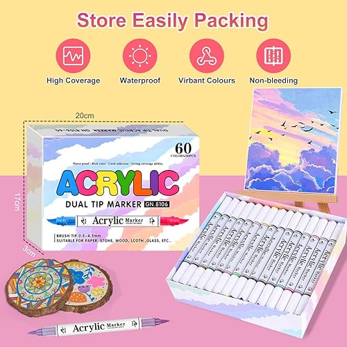 Gunsamg 60 Couleurs Feutre Acrylique ，30 Pièces Stylos Peinture Acryliques à Double Pointe – Acrylic Paint Markers pour Bois, Toile, Verre, Céramique with 0.5-4.5MM Brush Tip - Nail Gallerys