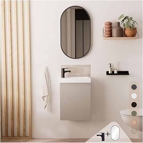 Meuble Lave-Mains Lisa Gris Sable + Robinet Noir + Miroir Ovale - Nail Gallerys