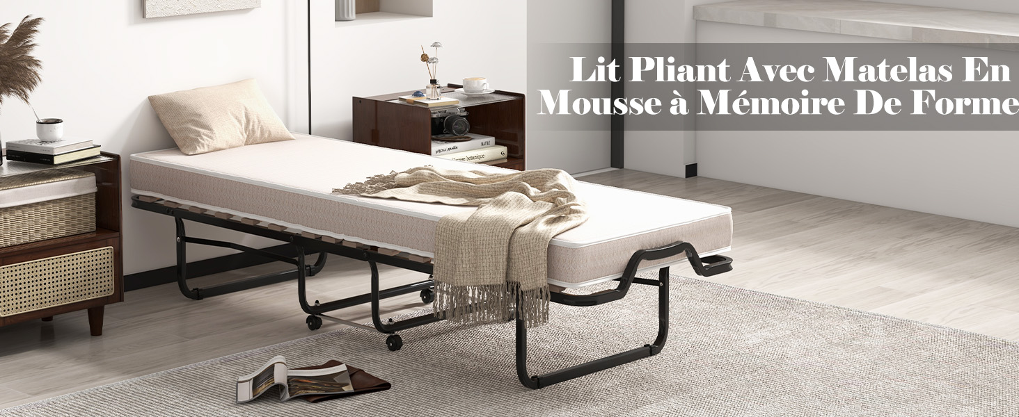 Lit Pliant 90x200 cm pour Adulte, Lit d'Appoint Pliable avec Matelas en Mousse à Mémoire de Forme