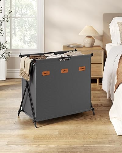 SONGMICS Panier à Linge, Corbeille à Linge, Trieur de Linge de 135 L, 3 Sections, Structure en X Pliable, Organisateur de Vêtements avec Étiquettes Personnalisables, Buanderie, Noir d'Encre LCB130B01 - Nail Gallerys