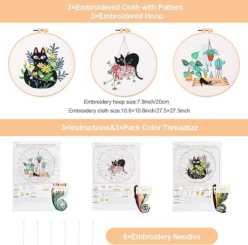 XiYee 3 Kit de Démarrage de Broderie, kit Fils à Broder Tissu Débutant Outil pour Adultes avec Cerceaux de Broderie (A) - Nail Gallerys