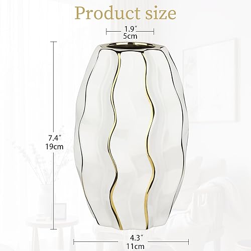 Hollyone Vase en céramique blanc et doré pour fleurs - Vase décoratif moderne à rayures verticales - Vase ondulé texturé pour chambre à coucher, bureau, salon, salle de bain, table - Nail Gallerys