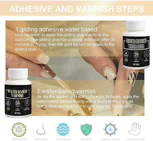 Décoloration Colle Feuille D'or, Décoloration Feuilles d'or et Feuilles de Métal, Feuille d or Deco, Colle de 50 ml et 50 ml de Vernis de Protection à base d'eau, D'or/Cuivre Feuille or Grand 10 pièc - Nail Gallerys