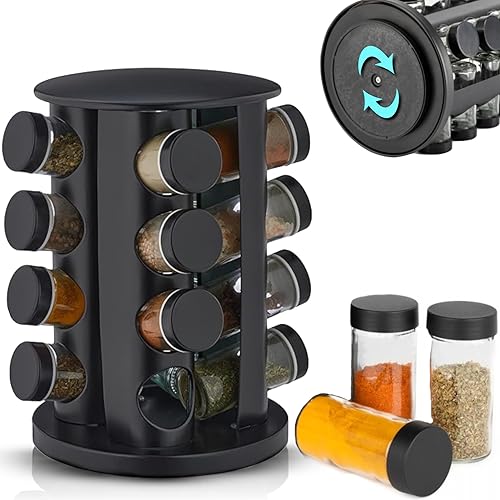EliteHoff Carrousel à épices, Étagère à épices rotative en acier inoxydable, Tourniquet à épices ronde, Ensemble de pots à épices noir (16 pots) - Nail Gallerys