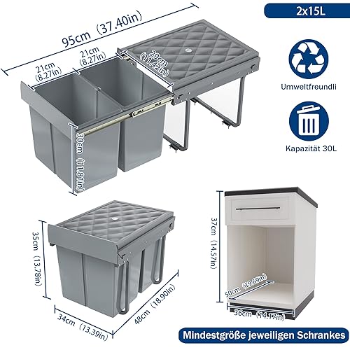 XINZI Poubelle de cuisine à 2 compartiments - 2 x 15 l - Système de tri sélectif encastrable - Poubelle avec extension complète - Nail Gallerys