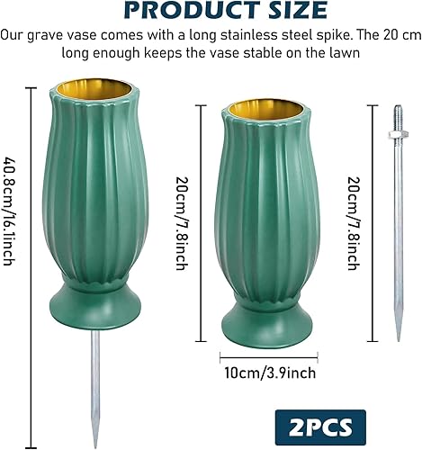 Lot de 2 vases funéraires en plastique avec piquet de terre - Pour cimetière - Résistant au gel - Avec pointes en métal - Pour la réception de bouquets de fleurs - Vert - Nail Gallerys