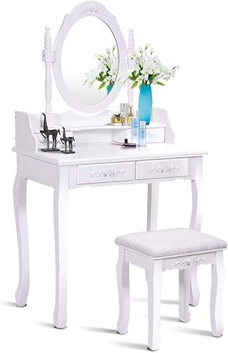 COSTWAY Coiffeuse Table de Maquillage avec Miroir et Tabouret et 4 Tiroirs 75 x 40 x 145 cm Blanc - Nail Gallerys