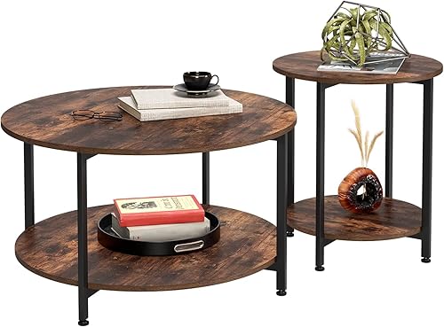 fevarbord Lot de 2 Tables Basses Rondes en Bois - pour Salon, Chambre à Coucher, Bureau - Cadre en métal Vintage - Marron et Noir - Nail Gallerys