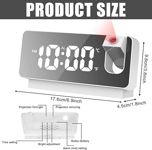 Réveil numérique à projection avec projecteur et affichage de la température - Projection rabattable à 180° - Grand écran LED - Réveil miroir USB pour chambre à coucher, salon - Nail Gallerys