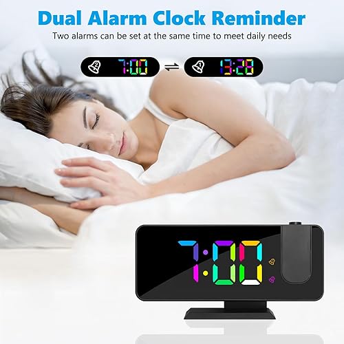Réveil à Projection, Horloge Numérique LED Grand Écran, avec Projecteur Rotatif à 180°, Affichage des Chiffres RVB 11 Couleurs, 6 Niveaux de Luminosité, Double Alarme, Snooze, 12/24h, Horloge Digitale - Nail Gallerys