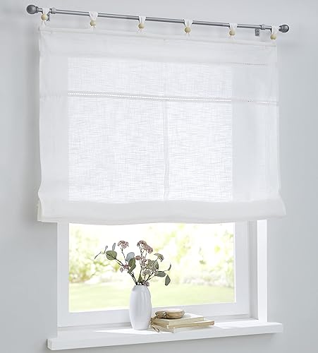 Woody Store romain blanc avec passants et boules en bois, pur coton, aspect lin, largeur 80 cm x hauteur 140 cm - Nail Gallerys