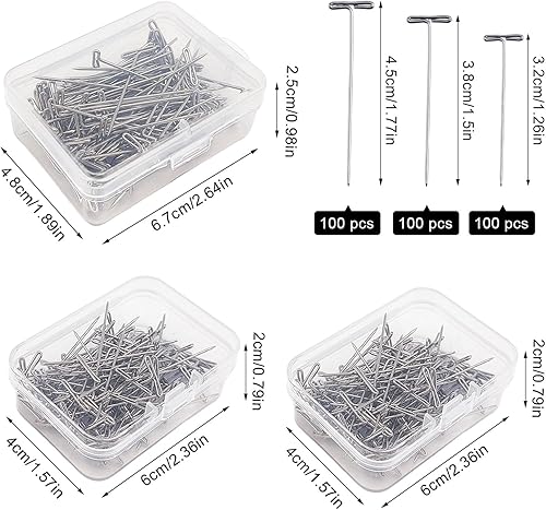 SAIIURV 300 Pièces Épingles à Perruque en Acier Inoxydable, Épingles en T pour Perruques et Blocage Tricot, Épingles en T pour Bloquer Le Crochet, la modélisation (32mm + 38mm + 45mm) - Nail Gallerys