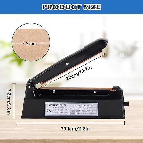 Scelleuse Thermique 200 mm, Thermoscelleuse Machine, Impulse Heat Sealer, Machine à Sceller à Chaud, Soudeuse Thermique, Thermoscelleuse, pour Sacs en Plastique, PE, PP, Mylar - Nail Gallerys