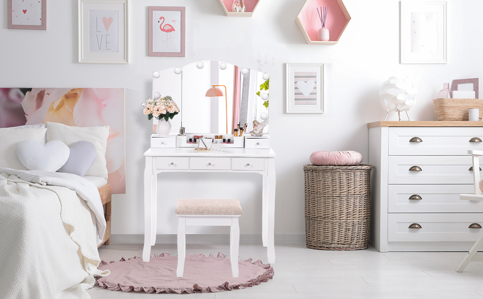 coiffeuse avec miroir et tabouret